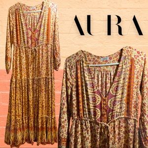 AURA | M | Amber Paisley Peasant Boho Dress EUC